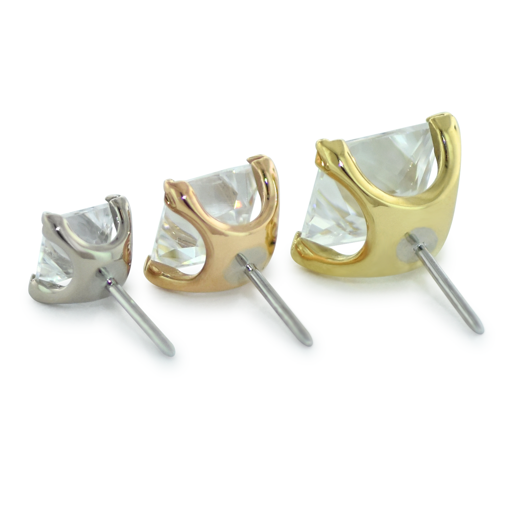 backs of 3 sizes of 18K gold princess cut gem ends