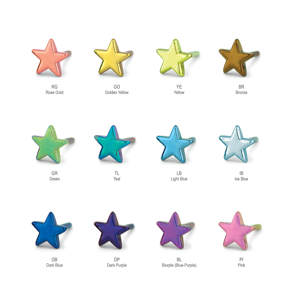 Titanium Threadless Star Ends featuring the different Anodization colors available for the product. Available colors are Rose Gold, Golden Yellow, Yellow, Bronze, Green, Teal, Light Blue, Ice Blue, Dark Blue, Dark Purple, Blurple (Blue-Purple), Pink