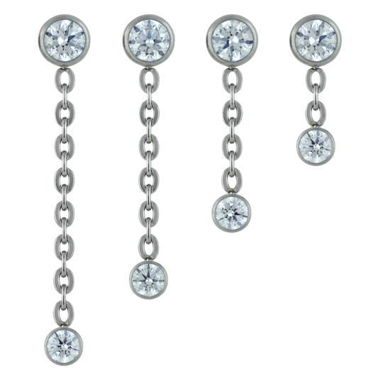 4 chain lengths of our titanium double bezel dangle featuring cubic zirconia gems