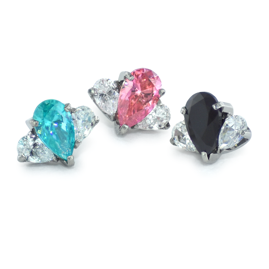 Threadless Titanium Pear Cut Gem Fan Clusters featuring a center 5mm gem and two 3mm side gems