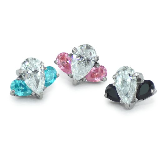 Threadless Titanium Pear Cut Gem Fan Clusters featuring a center 5mm gem and two 3mm side gems