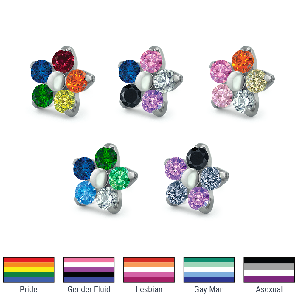 Threadless Titanium Flower Gem Ends featuring colors for Pride Flag, Gender Fluid Flag, Lesbian Flag, Gay Man Flag, and Asexual Flag