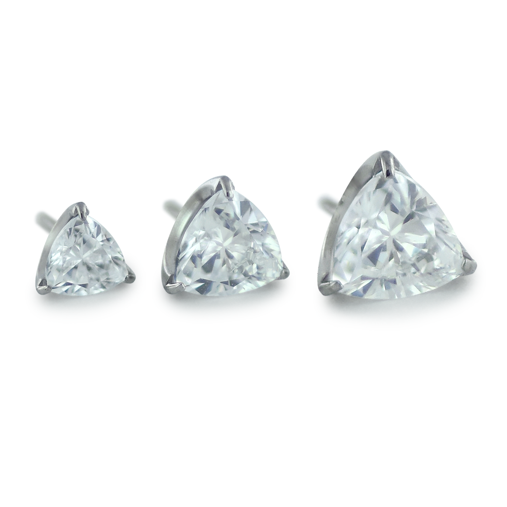 3 sizes of threadless titanium prong set trillion cut gem ends in 3mm, 4mm, 5mm