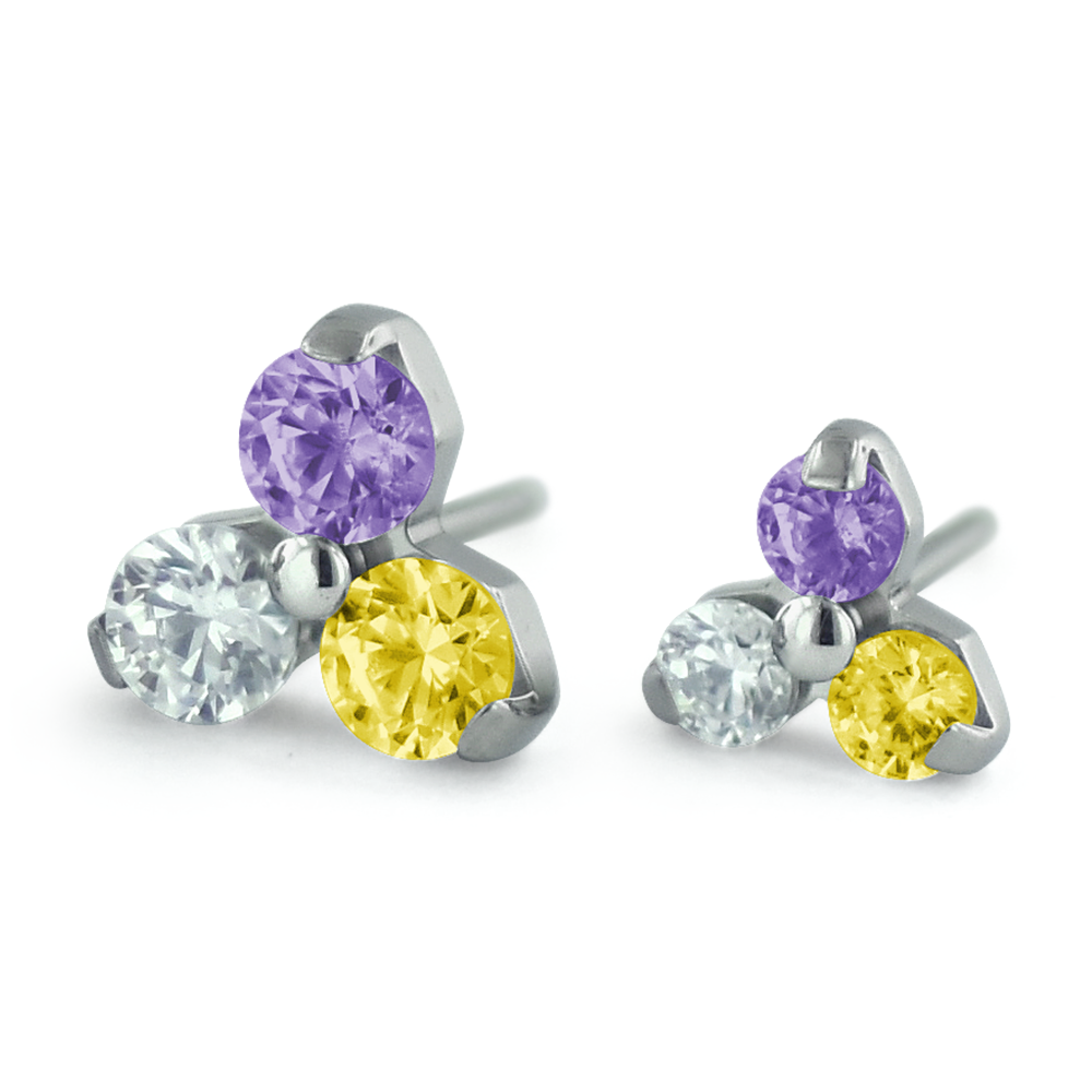 Threadless Titanium Trinity Gem End with Fancy Purple, Yellow, and Cubic Zirconia Gems