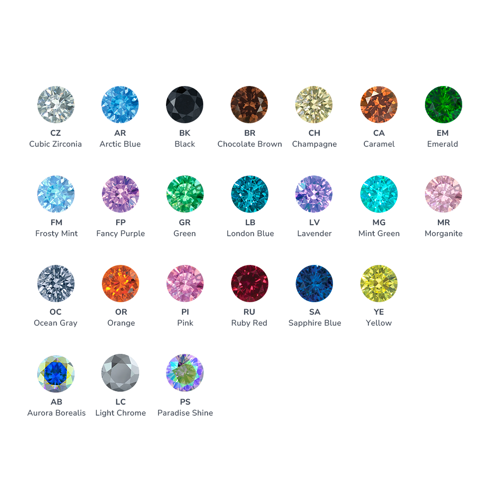 All available gem colors listed in a grid, featuring: Cubic Zirconia, Arctic Blue, Black, Brown, Champagne, Caramel, Emerald, Frosty Mint, Fancy Purple, Green, London Blue, Lavender, Mint Green, Morganite, Ocean Gray, Orange, Pink, Ruby, Sapphire, Yellow, Aurora Borealis, Light Chrome, and Paradise Shine