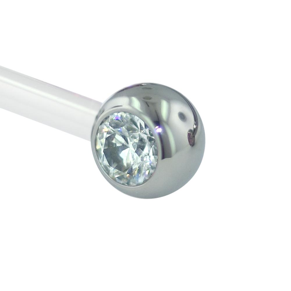 A 14-gauge 3mm titanium set faceted gem end with a cubic zirconia gem.